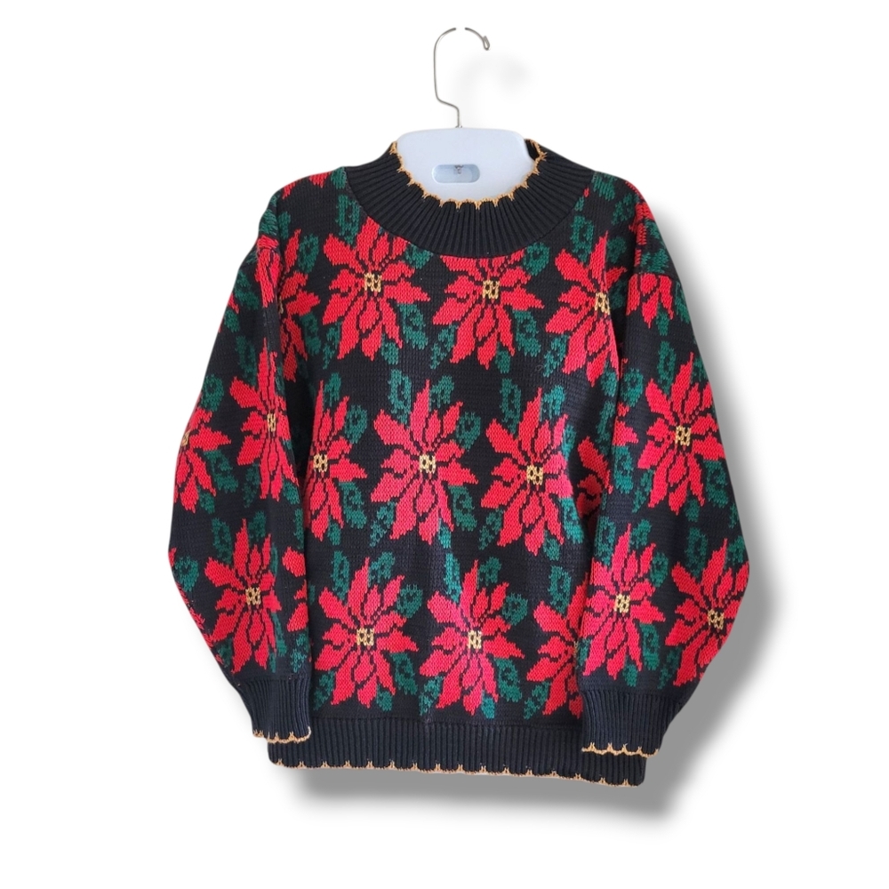 Sweater Loft | VTG Black/Red Poinsetta Mock Neck Chunky Knit Sweater
